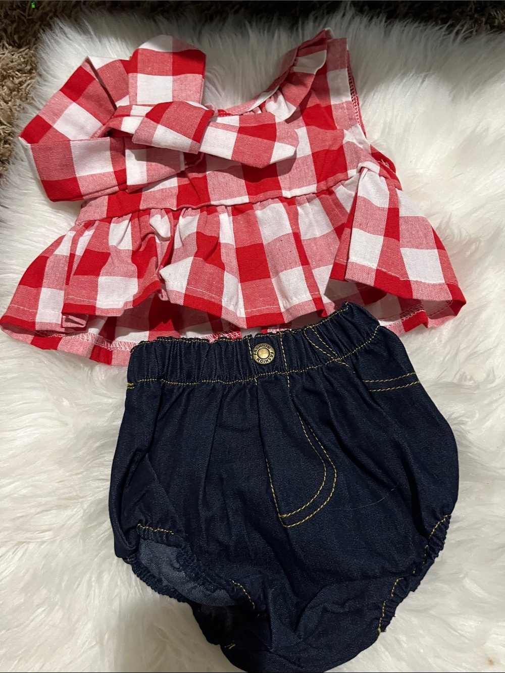 Red Gingham Peplum Top & Navy Baby Bloomers Set